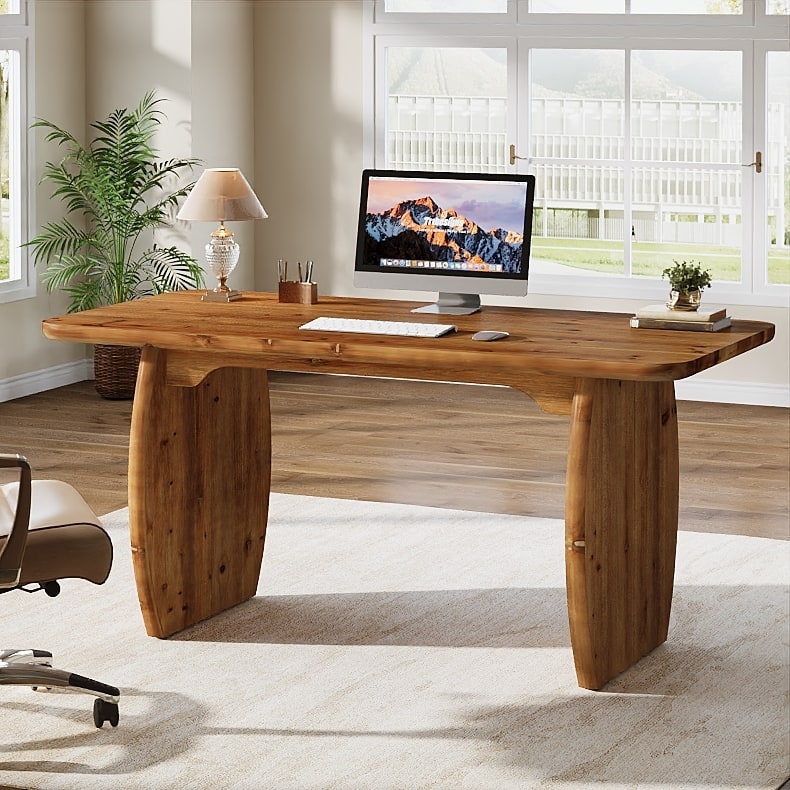 63'' Solid Wood Executive Desk, Large Office Computer Desk with Sturdy Wood Legs