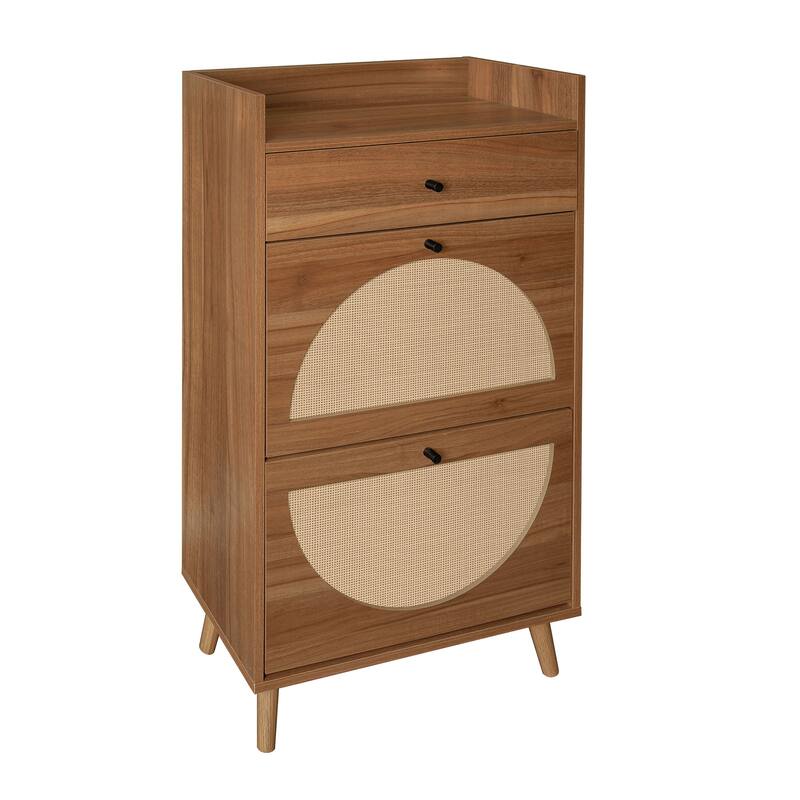 Entryway Shoe Storage Cabinet, Freestanding Rattan Shoe Rack, Shoe Organizer with 2 Flip Drawers & 1 Pull-Out drawer