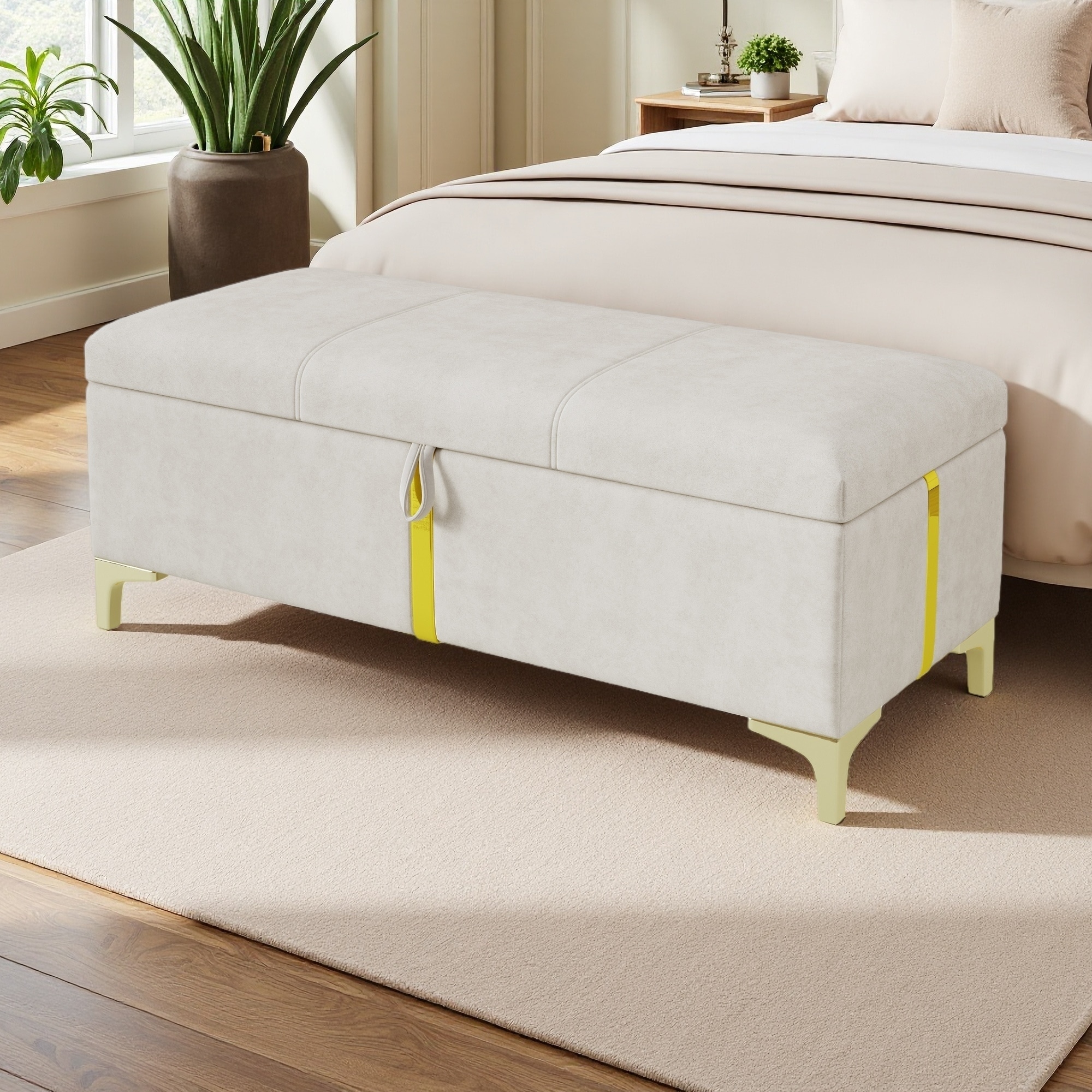 47"L Upholstered Storage Ottoman with Metal Legs & Velvet