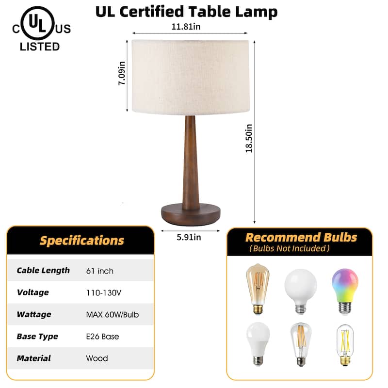 18.5 in. Retro Walnut Wooden Table Lamp with Velvet Shade and Solid Wood Base