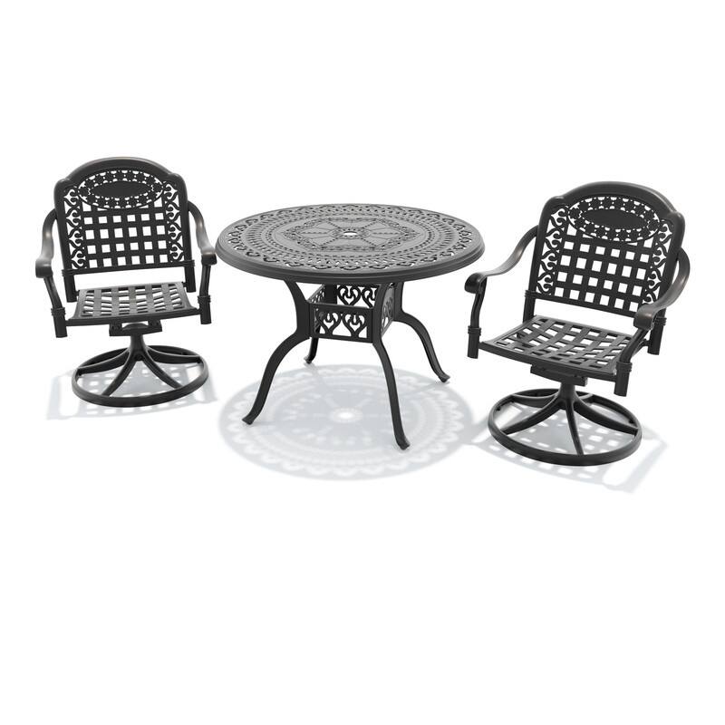 3-Piece Aluminum Round Outdoor Patio Dining Set, 2 Cushioned Swivel Chairs, Table, All-Weather Frames