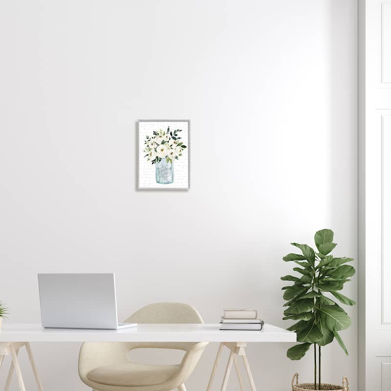 Stupell White Blooms Flower Bouquet Classic Jar Script Framed Wall Art, Design by Lettered and Lined - Off-White