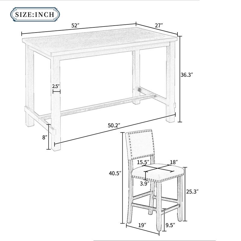 5 Piece Counter Height Dining Set, 4 People Wooden Table and Chair Set with Rectangular Table and 4 Padded Backrest Chairs