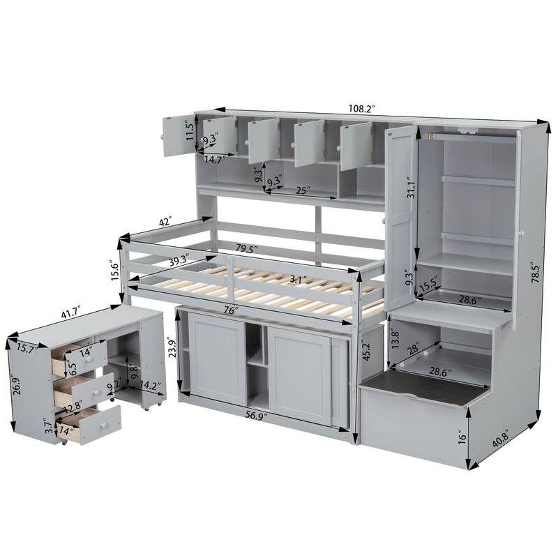 Twin Size Loft Bed with Storage, Desk, Drawers, and Shelves, Gray