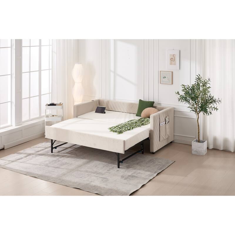 Twin Size Velvet Daybed with Trundle, USB Charging Port & Side Pockets, Modern Upholstered Sofa Bed with V-Pattern Backrest