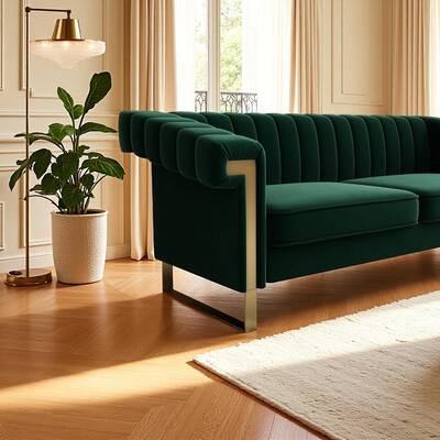 Leisure Sofa with Stainless Steel Metal Accents, Retro Green Velvet Upholstered Seat with Removable Cushions, Bedroom Loveseat