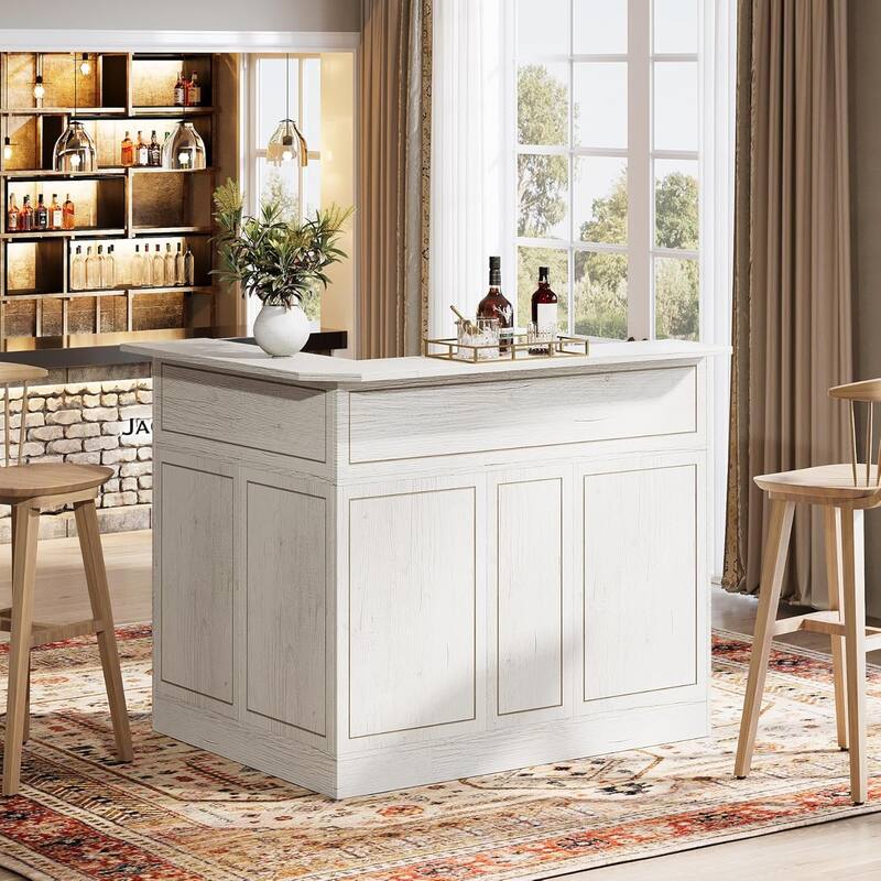 L-Shaped Home Bar Table with Stemware Racks for Home Pub - White