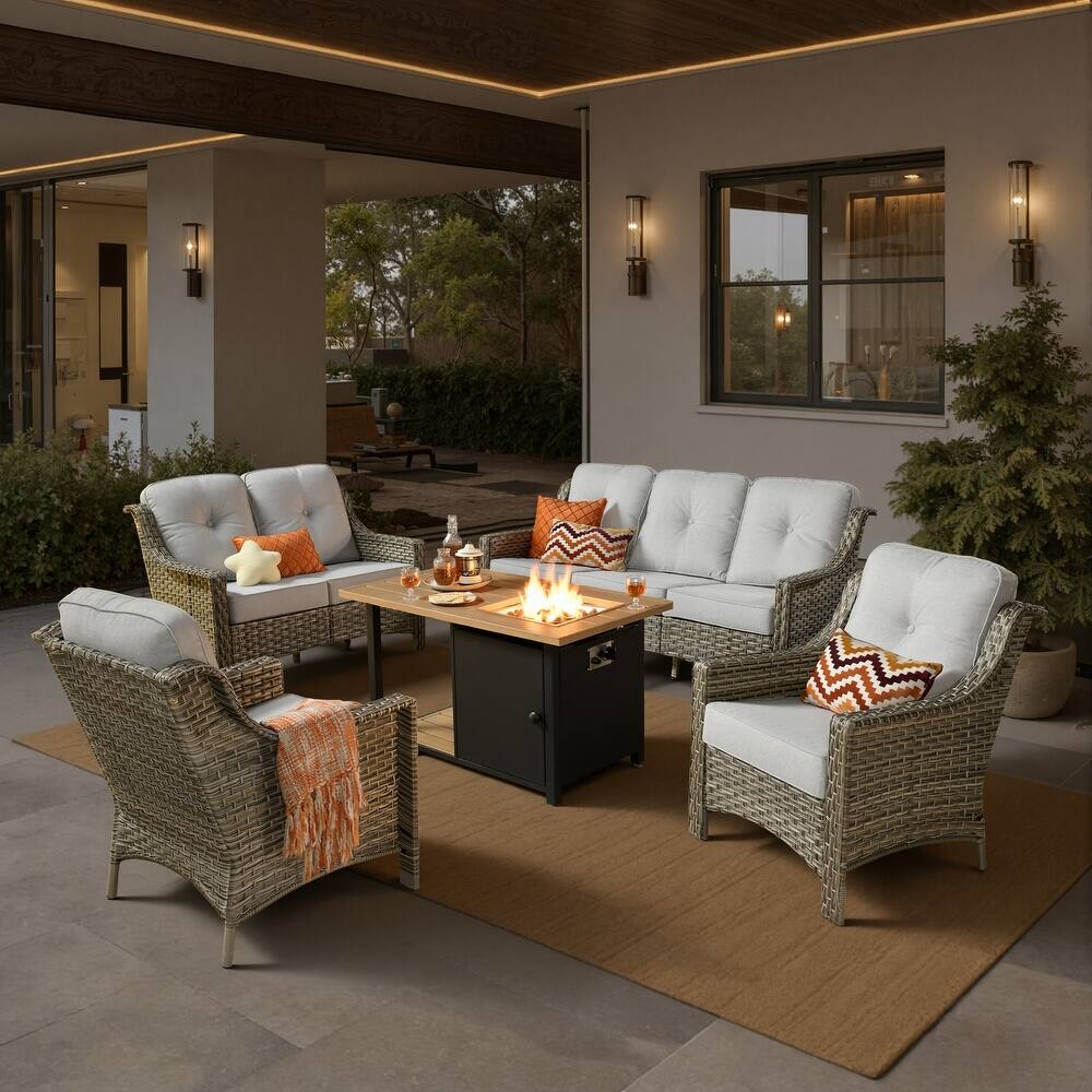 XIZZI 5-Piece Patio Wicker Furniture Conversation Set with Firepit