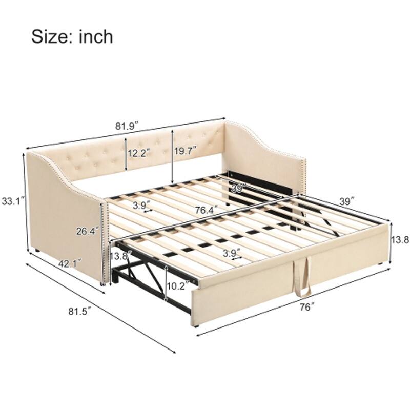 Twin to King Daybed with Pop Up Trundle, Button Tufted Backrest and Wooden Slat Support