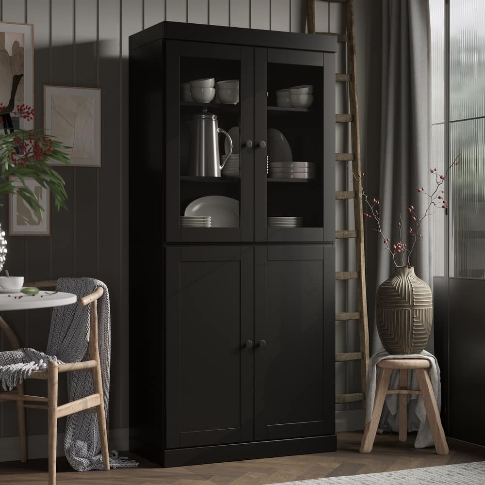 Palace Imports 100% Solid Wood 32" Pantry Cabinet with Clear Glass, Shaker Doors and Adjustable Shelves