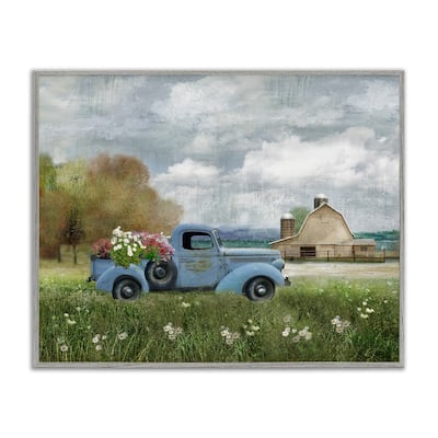 Stupell Vintage Blue Truck Flower Bouquet Cloudy Sky Farmhouse Framed Wall Art - Multi-Color