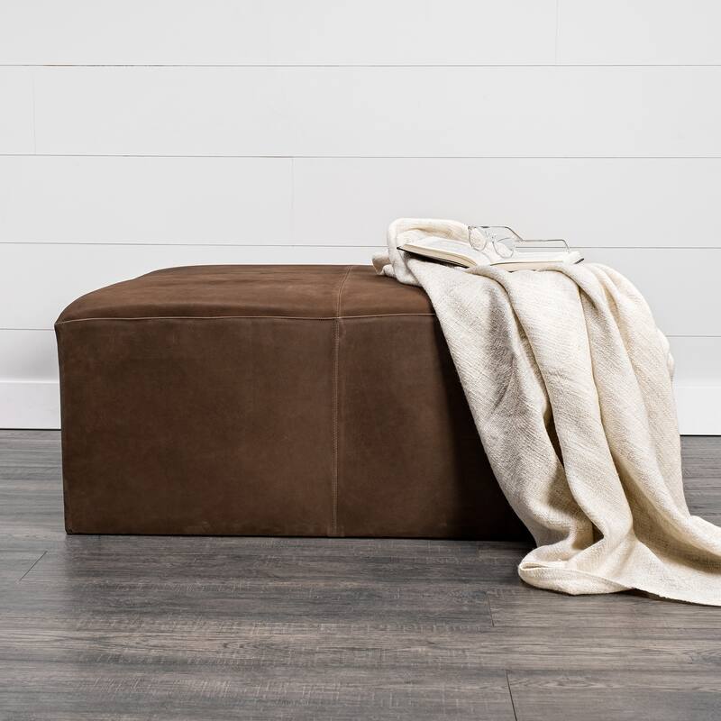 Minara Black Genuine Leather w/ Gold Metal Base 36" Square Ottoman - Brown