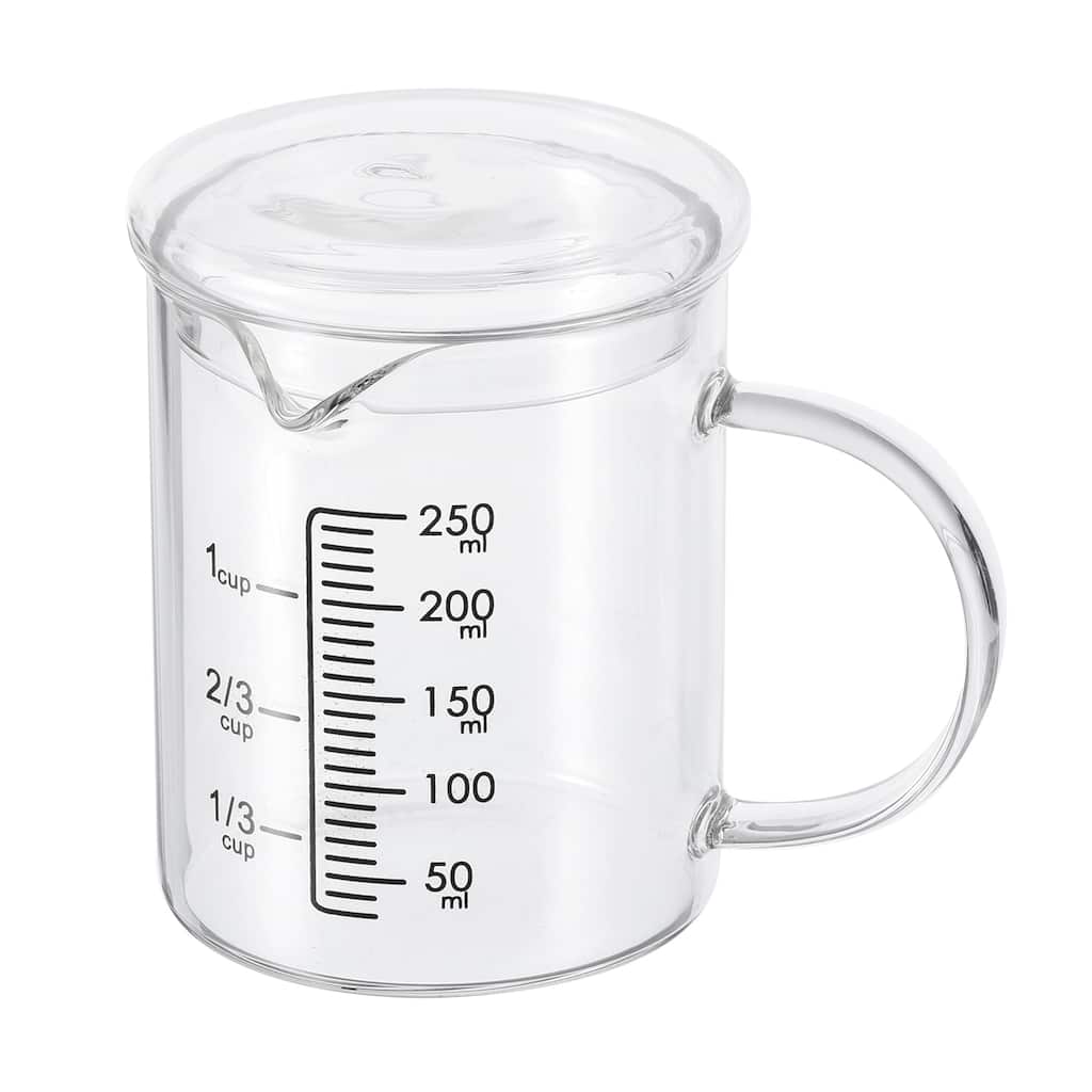250ml Glass Measuring Cup, 3.3 Borosilicate Glass Black Printed with Glass Lid