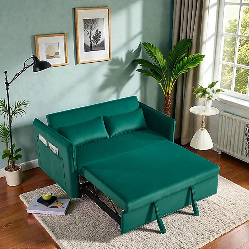 3 in 1 Convertible Sleeper Sofa Bed, Velvet Futon Loveseat with Pull Out Bed, Adjustable Backrest and Side Pockets