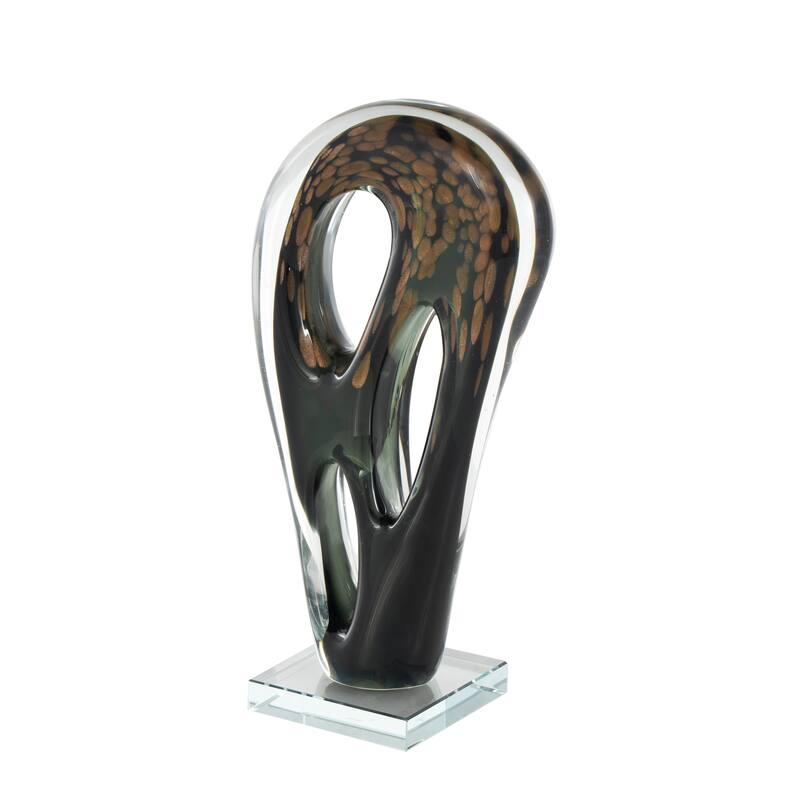 Black Glass Curved Cutout Abstract Decorative Sculpture with Gold Spotted Accents