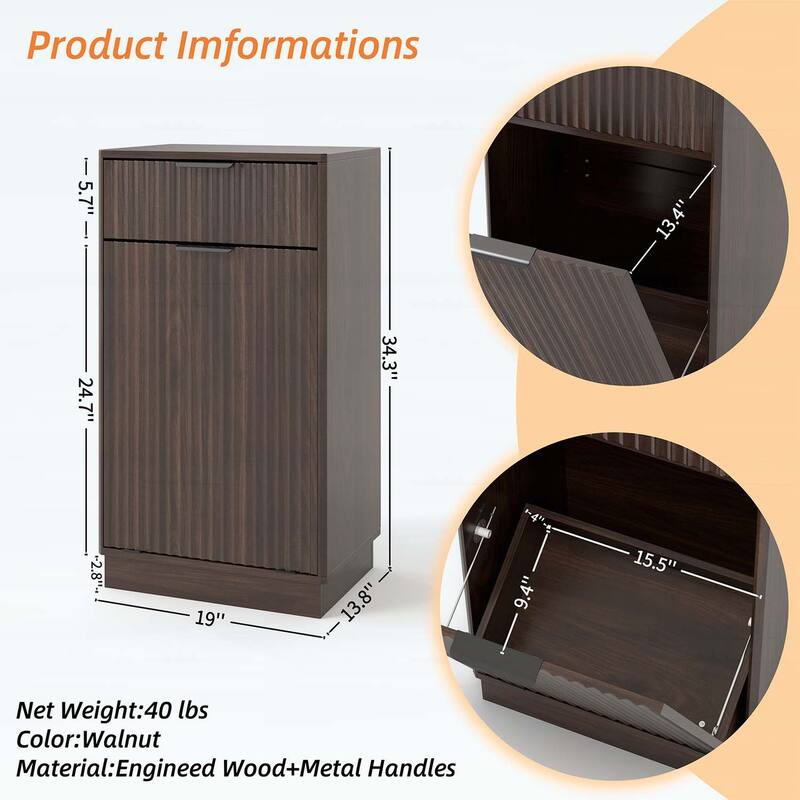 Wood Tilt-Out Trash Can Cabinet with Wave-Textured Hideaway Drawer and Pull-Out Bin,