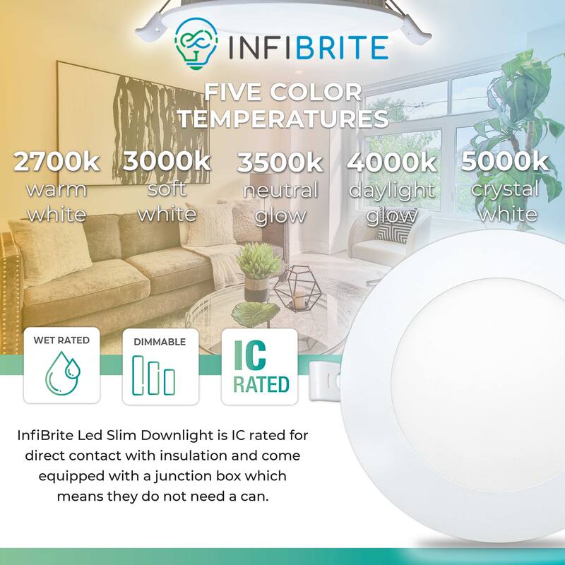 Infibrite 4 Inch 2700K/3000K/3500K/4000K/5000K Selectable 9W 750 LM Ultra-Slim LED Ceiling Light with J-Box, Dimmable (6 Pack)