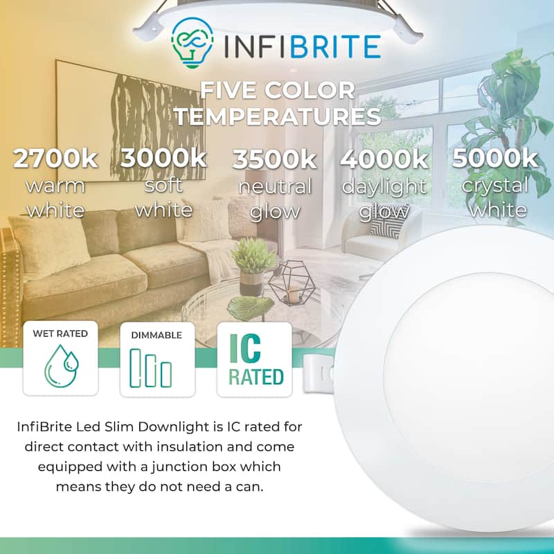 Infibrite 6 Inch 2700K/3000K/3500K/4000K/5000K Selectable 12W 1050LM Ultra-Slim LED Ceiling Light with J-Box Dimmable (6 Pack)