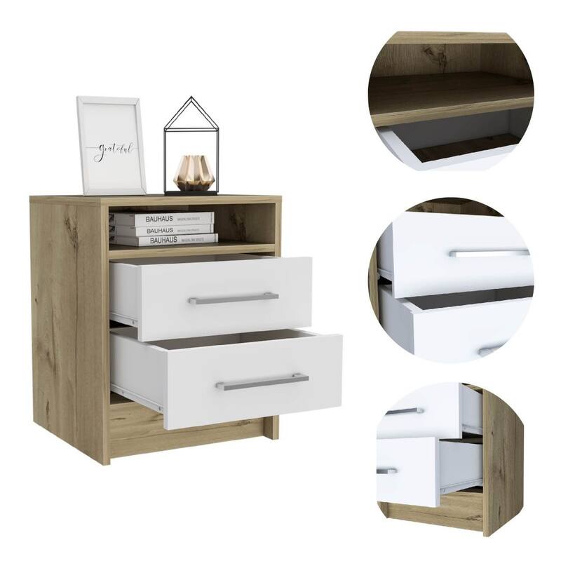 Modern Nightstand with Two Drawers and Top Shelf, White and Light Oak Finish