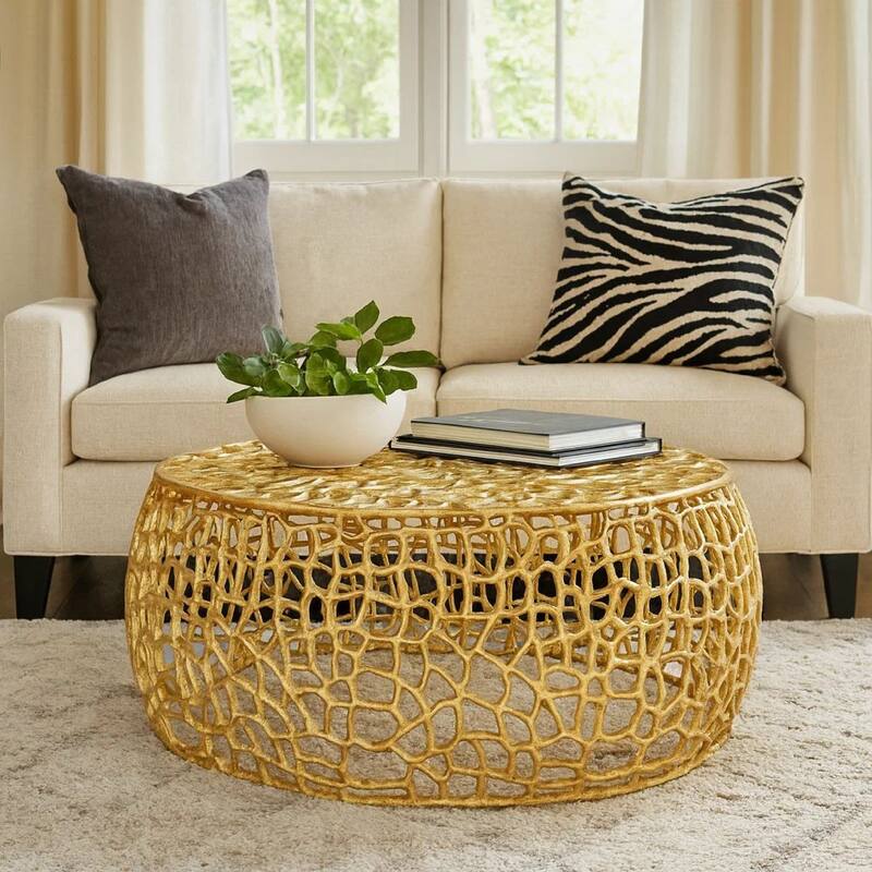 Coffee Table, 28 Inch Round Plinth Mesh Design, Open Gold Metal Frame