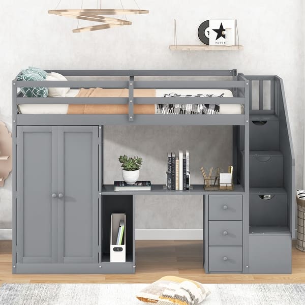 slide 2 of 38, Twin Loft Bed with Wardrobe, Desk, and Storage Staircase, All-in-One Solution Grey - Twin