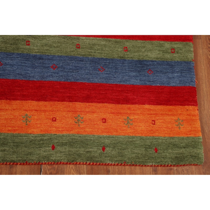Striped Red Gabbeh Oriental Area Rug Handmade Wool Carpet - 5'8"x 7'11"