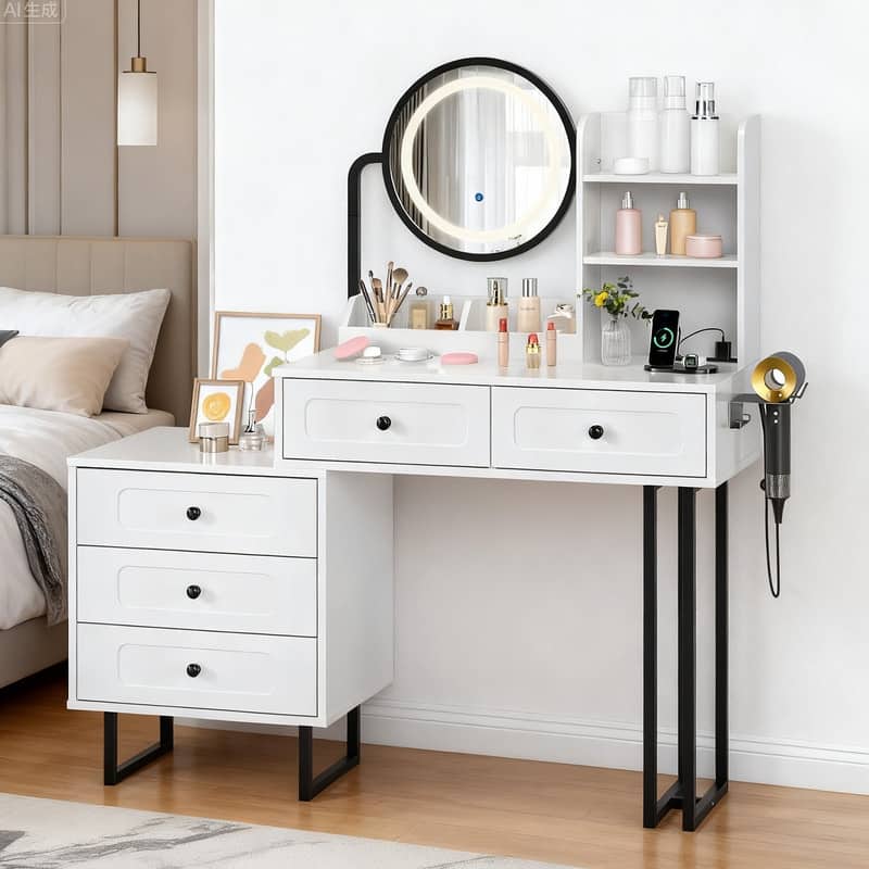 Particle Board Veneered White Bracket, White Iron Feet, 5-drawer 2-compartment 2-tier Rack Dressing Table - N/A