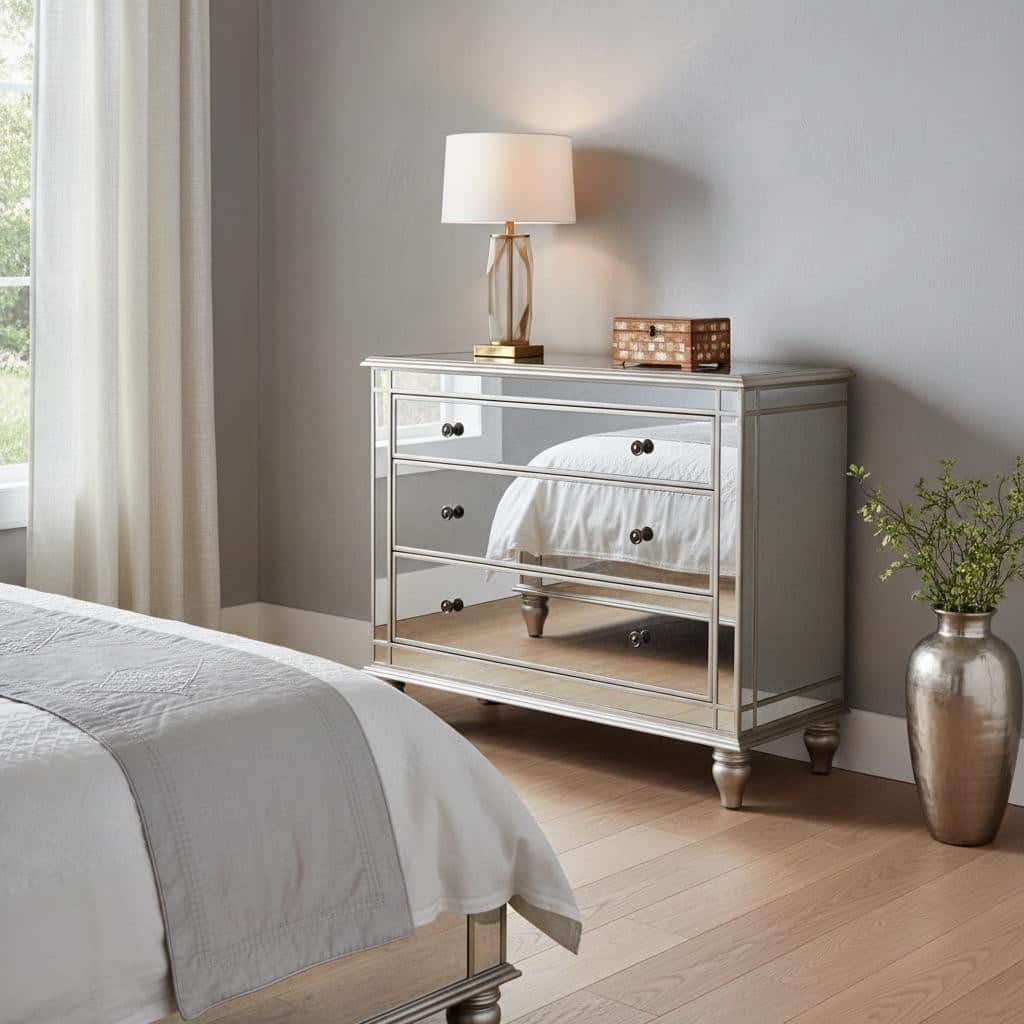 HomeRoots Rectangle Mirrored Three Drawer Console Storage Chest