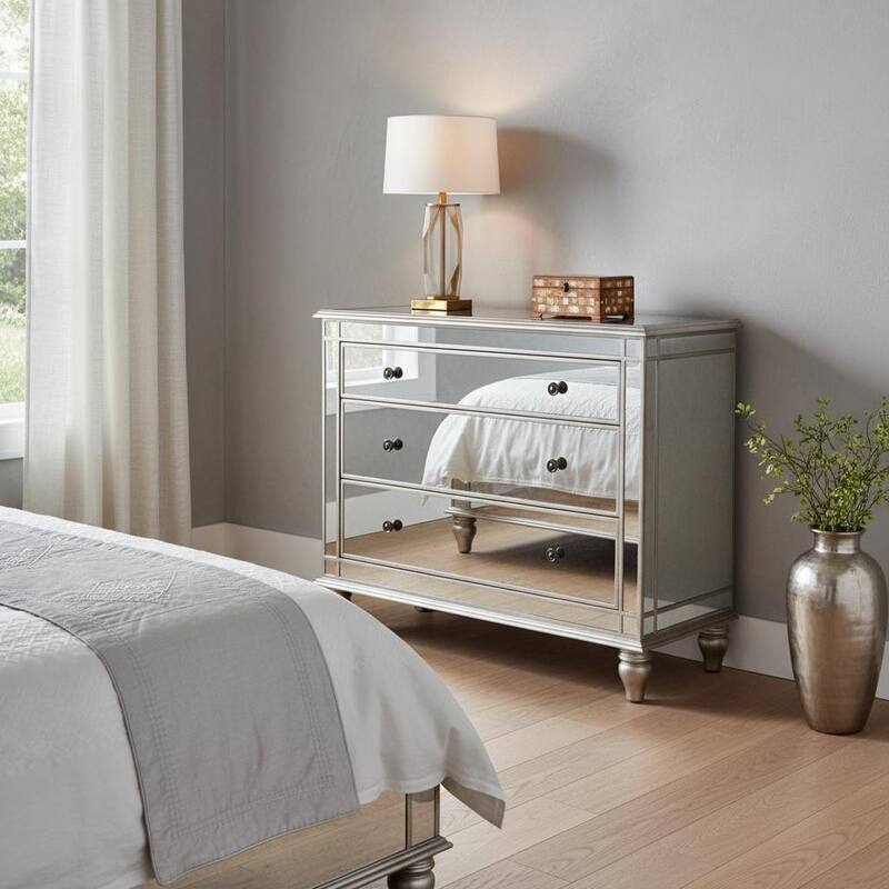 HomeRoots Rectangle Mirrored Three Drawer Console Storage Chest - Silver - 3-drawer