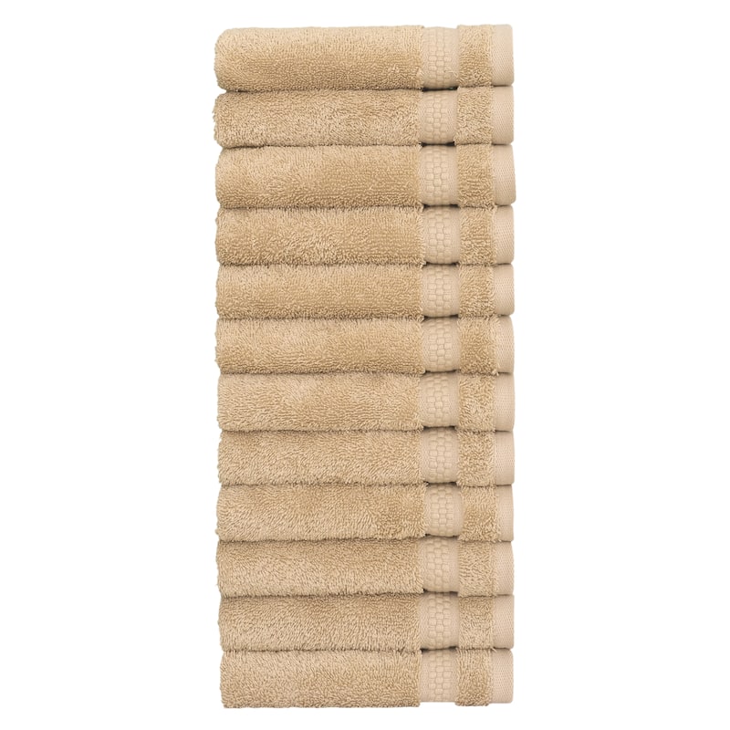 Authentic Hotel and Spa 100% Aeagean Long Staple Turkish Cotton, STARLIGHT Terry Washcloths (Set of 12) - Sesame