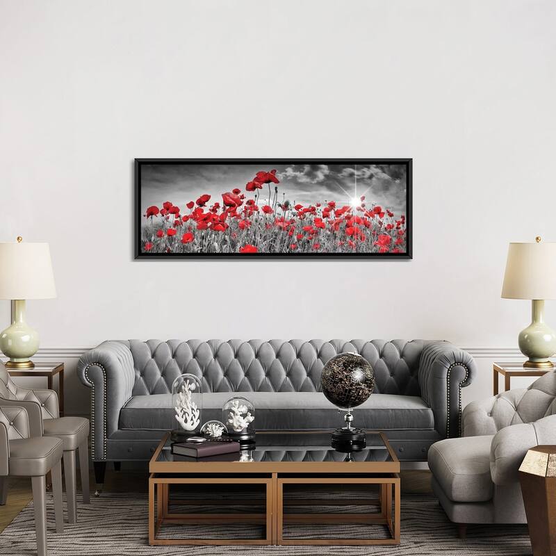 iCanvas "Idyllic Field Of Poppies With Sun Panorama" by Melanie Viola Framed Canvas Print