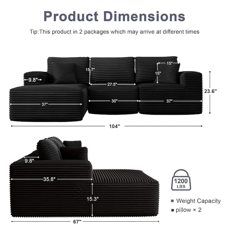 104" Modular Sectional Sofa with L-Shape Chaise Modern Upholstered Cloud Couches with Throw Pillows - 104 in.W x 23.6 in.H