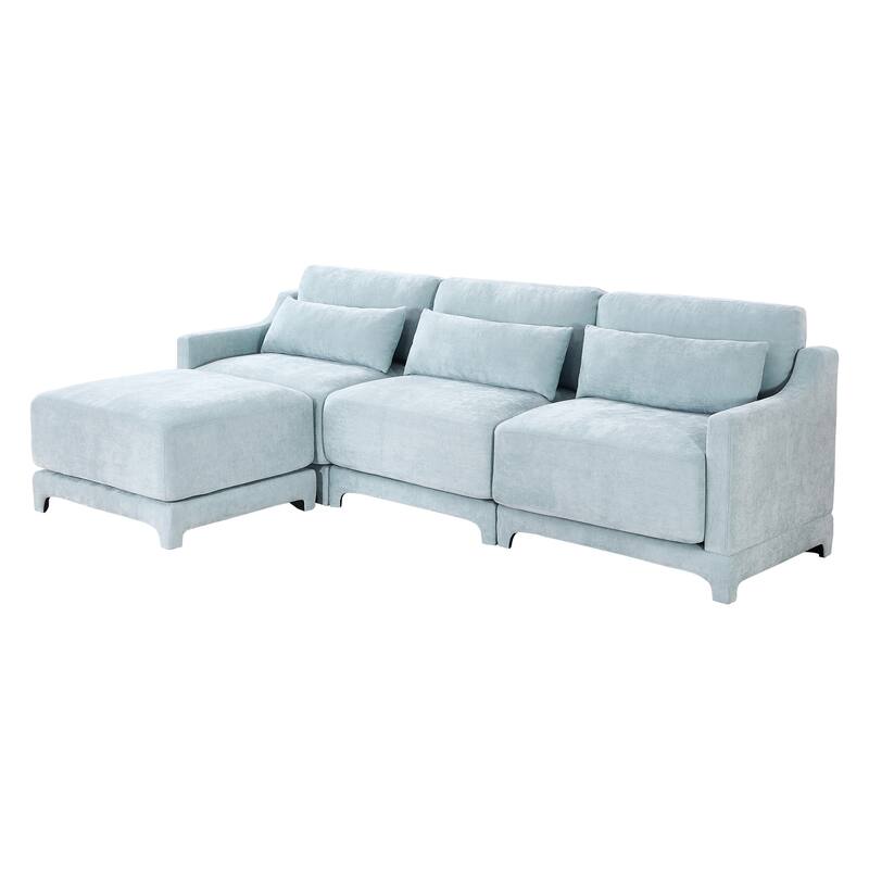 Modern Chenille 4-Seater Sofa with 2 Ottoman, Lumbar Cushions, Ergonomic Backrest, High-Resilience Spongeand Tufted Armrests