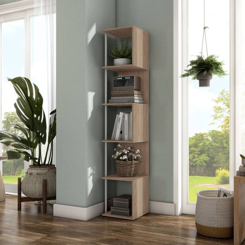Furniture of America Linnea Modern 5 Tier Accent Corner Bookcase, Freestanding Display Bookshelf with Metal Post