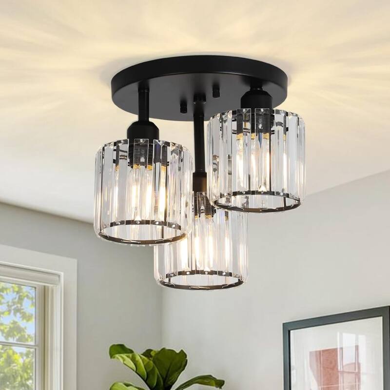 3-Light Semi Flush Mount Ceiling Light with Clear Crystal Shades - Black