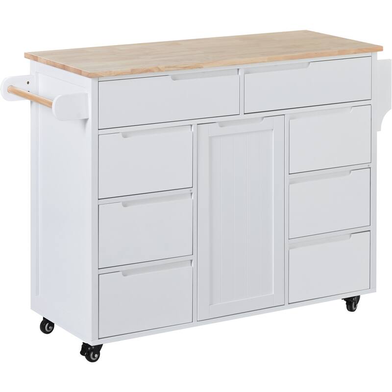 Kitchen Island with 8 Handle-Free Drawers, Rubber Wood Top, Flatware Organizer & 5 Wheels for Storage & Organization