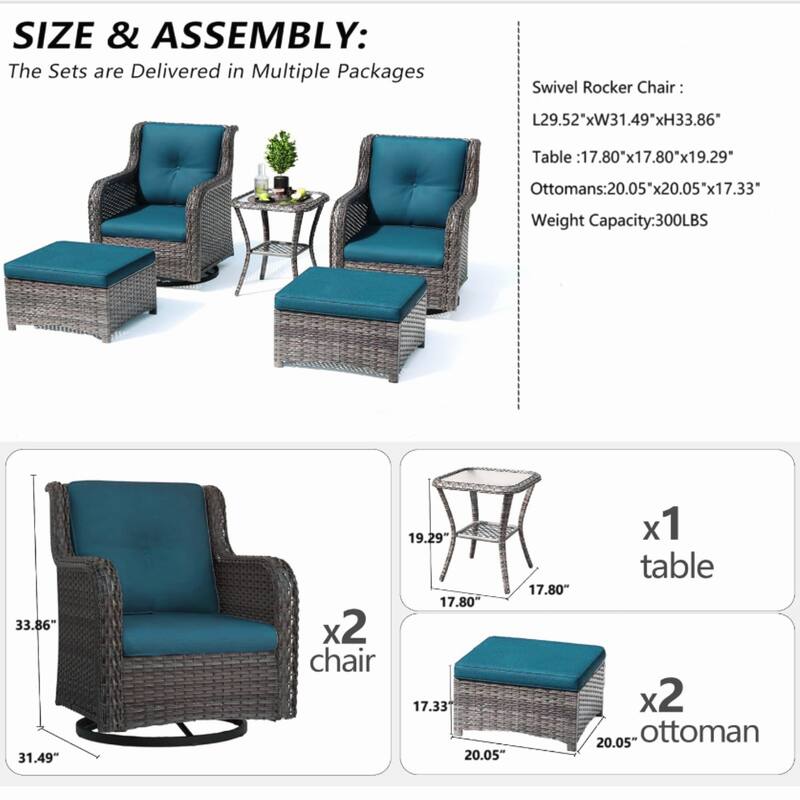 Wicker Patio Furniture Set 5 Piece Rattan Outdoor Sectional Conversation Sets with 2 Chairs,2 Ottomans and 1 Side Table