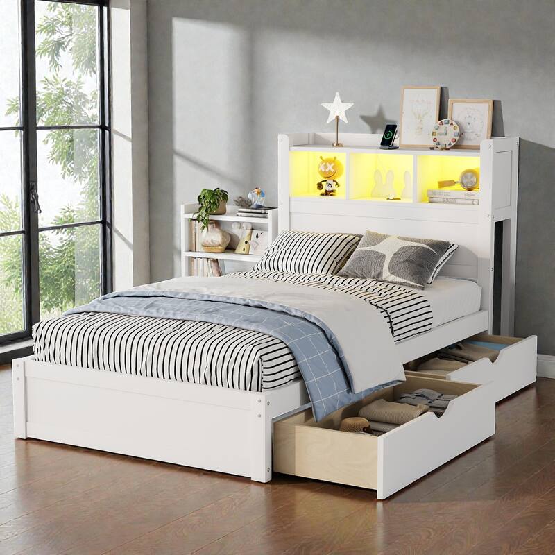 Wood Bed with Storage Headboard, Drawers and Pull Out Cabinet, Twin Full Bed with LED Light and Socket