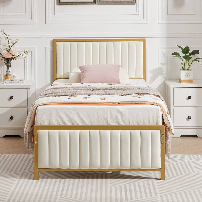 VECELO Twin Size Bed Frame Faux Leather Upholstered Platform Bed Twin Size Bed Set of 2