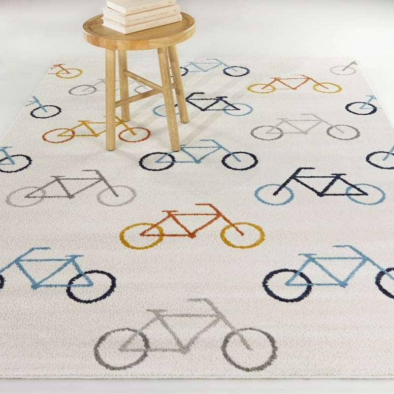 Mod-Tod Look Mom No Hands Kids Bicycle Area Rug - 5'3" x 7' - Multicolor - Rectangle