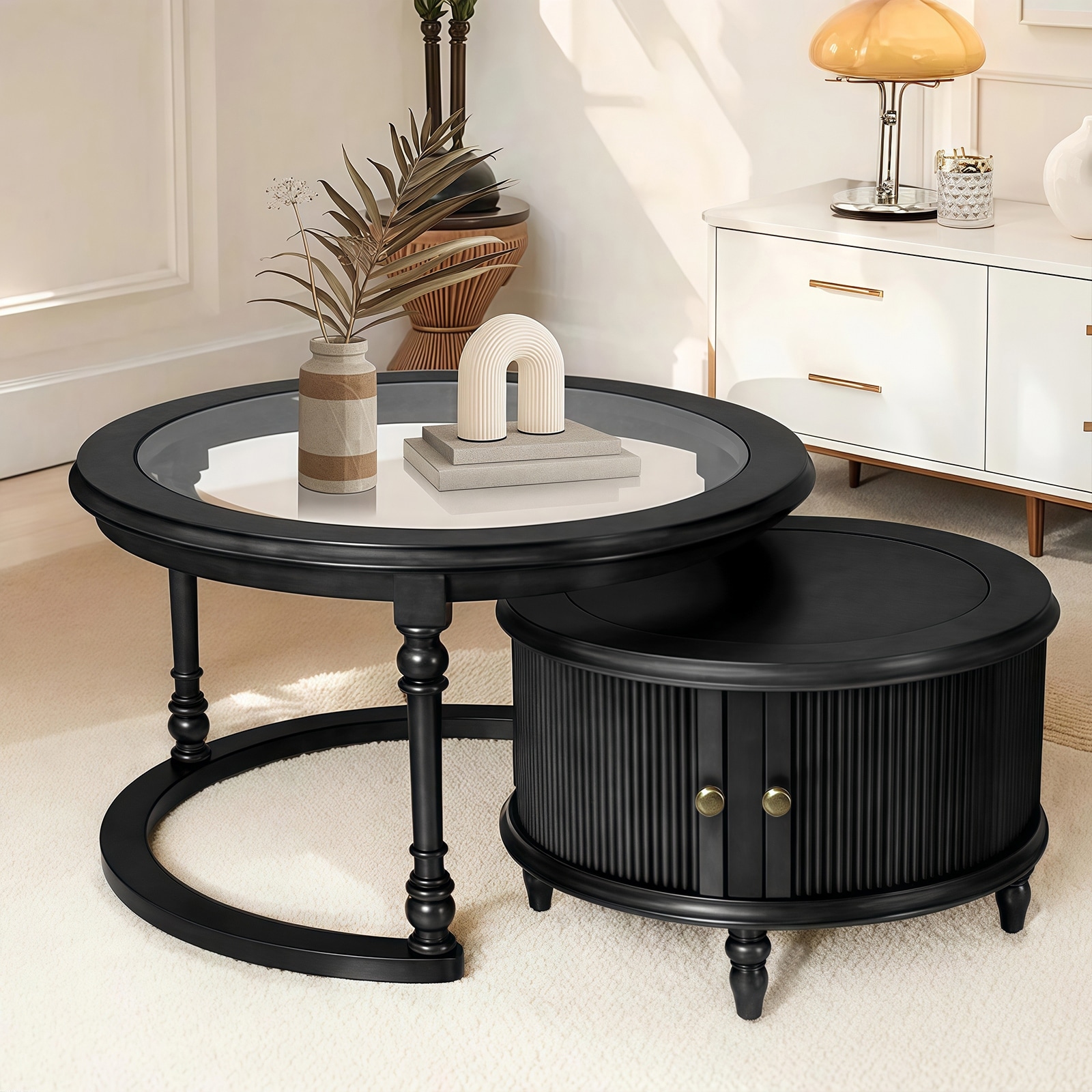 Modern Wood Coffee Table Set with Glass Nesting Tables, Accent Tables End Table with Movable Striped Door