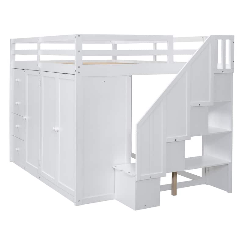 Full Loft Bed w/ Storage Staircase, 4 Drawers, Cabinet, Two Wardrobes