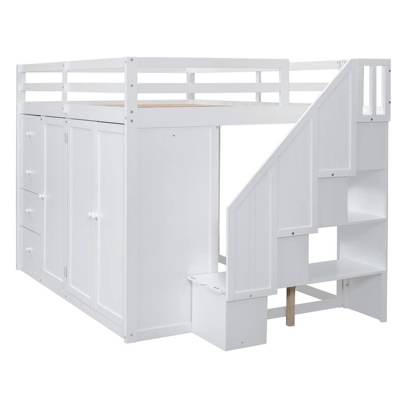 White Full Size Loft Bed with Built-in Wardrobes and Staircase, Space-Saving Design