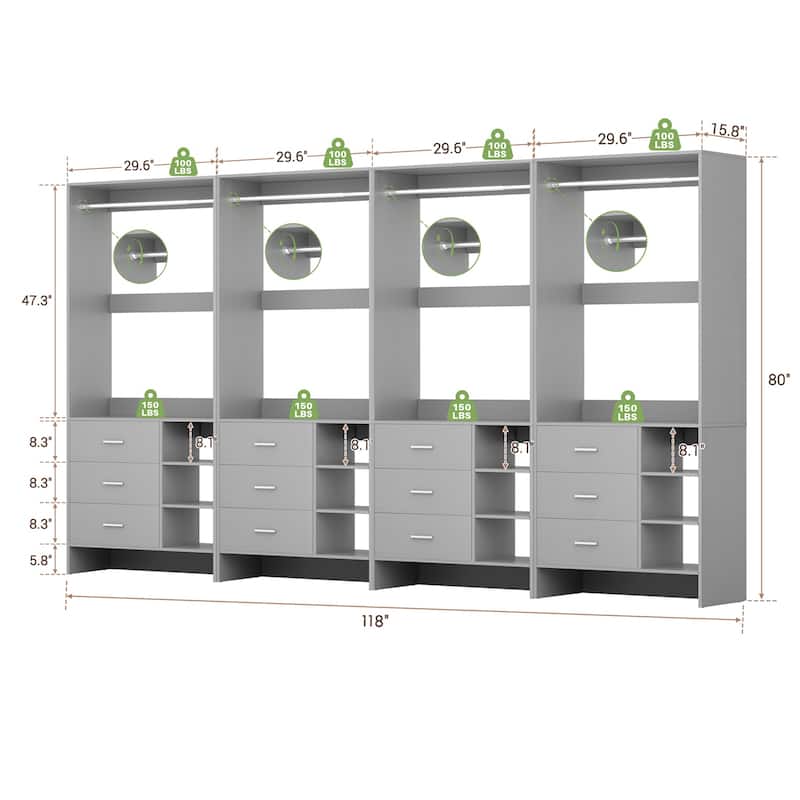 Cimly 30'' W Freestanding Closet Sytem with Hanging Rod, Closet Organizer with Drawers and Shelves