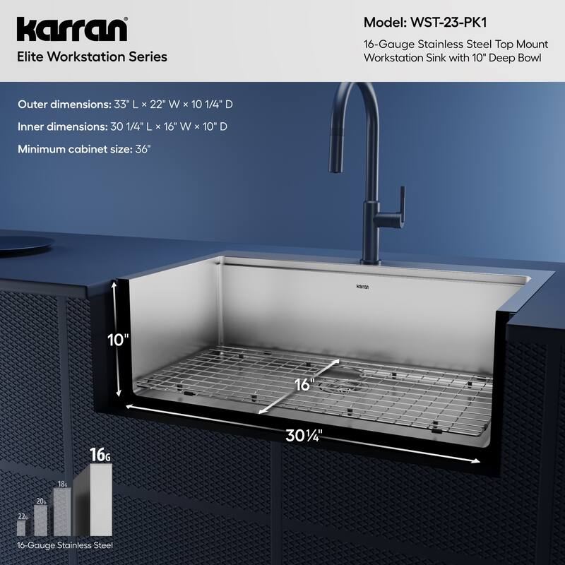 Karran Elite WST-23-PK1 Top Mount 33" Single Bowl Stainless Steel Workstation Kitchen Sink