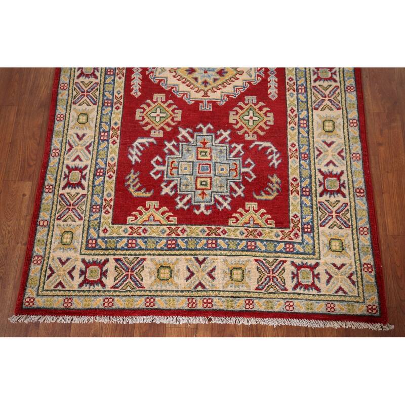 Red Geometric Kazak Foyer Rug Handmade Wool Carpet - 3'3" x 5'0"