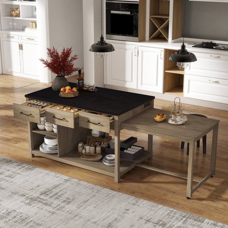 Extendable Kitchen Island with Storage, Multi-Functional Kitchen Cart with Built-In Power Outlets, Retro Kitchen Island - Natural+Espresso