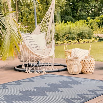 Beverly Rug Blue Geometric Indoor Outdoor Rug, Outside Carpet for Patio, Deck, Porch