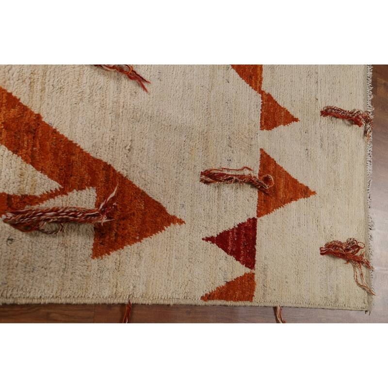 Hand Knotted Oriental 100% Wool Carpet Modern Tribal Beige & Ivories Moroccan Area Rug - 9' 11'' X 6' 10''