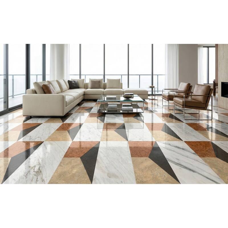 Roomfitters Waterjet Marble Tile, Polished Natural Stone for Floor and Wall, Genuine Marble, 2-Piece Box, White Gold Red Gray